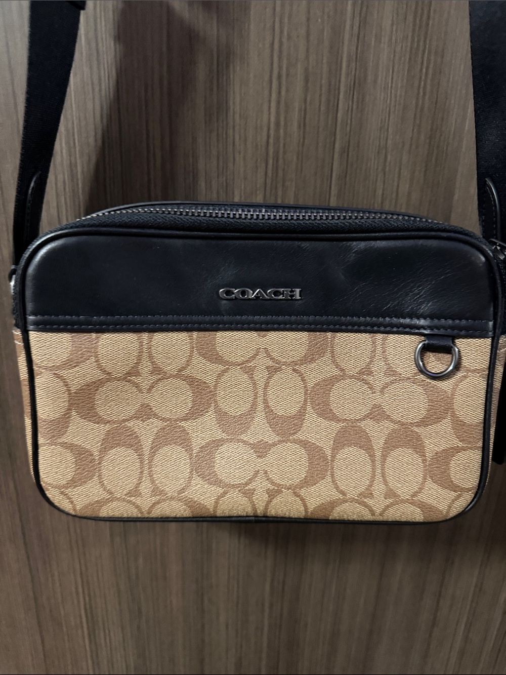Coach Tan Signature Canvas Crossbody with Black Trim